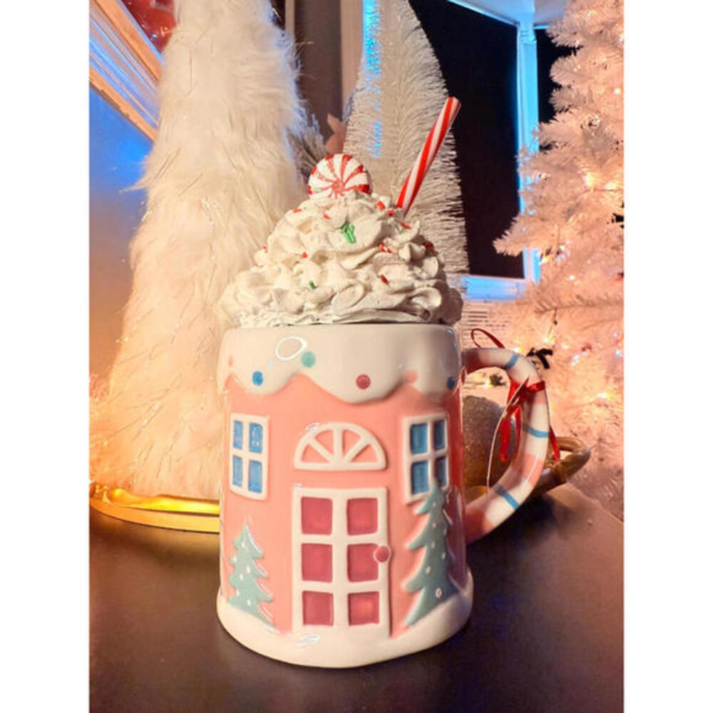 LANG Pink Gingerbread House Mug w Whipped Cream Topper Christmas NWT